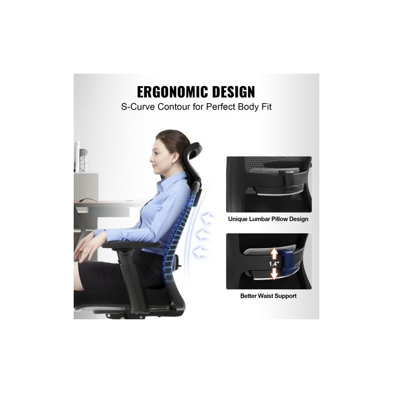 Ergonominen toimistotuoli liukuvalla istuimella verkkokankaalla säädettävällä niskatuella ja 35 mm lannerangan tuella