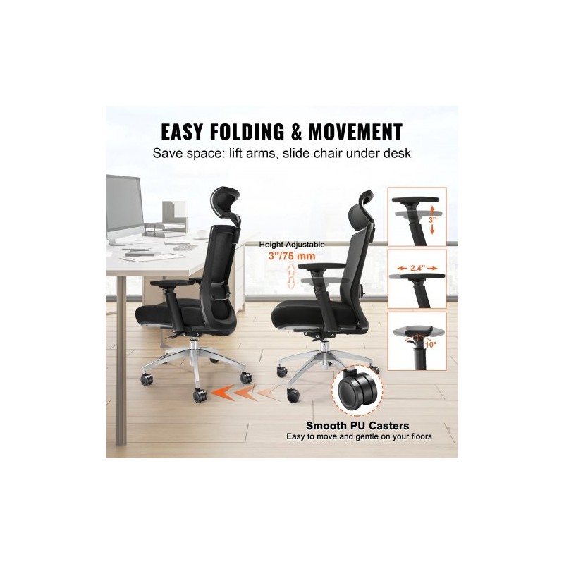 Ergonominen toimistotuoli liukuvalla istuimella verkkokankaalla säädettävällä niskatuella ja 35 mm lannerangan tuella