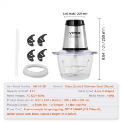 Sähköinen silppuri lasikulho 1,2 l 400 W kaksinopeuksinen nelisiipinen terä