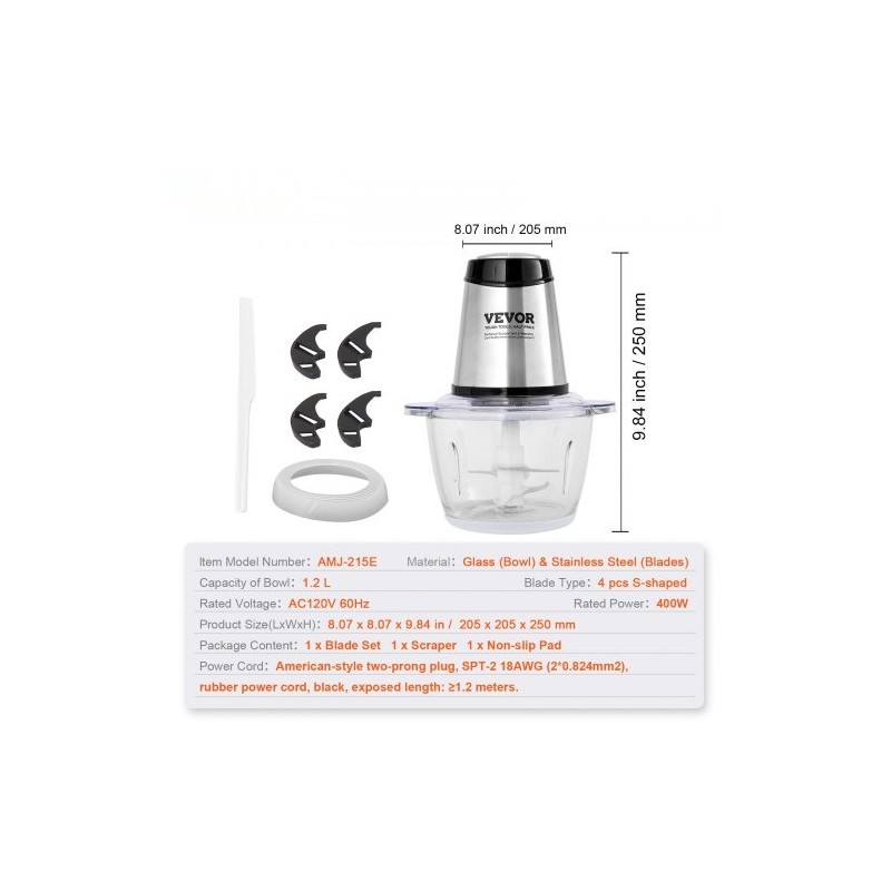 Sähköinen silppuri lasikulho 1,2 l 400 W kaksinopeuksinen nelisiipinen terä