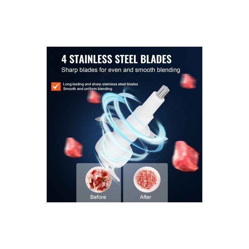 Sähkökäyttöinen monitoimihakkuri 2L ruostumattomasta teräksestä kulho 400W kaksinopeuksinen BPA-vapaa turvakytkin