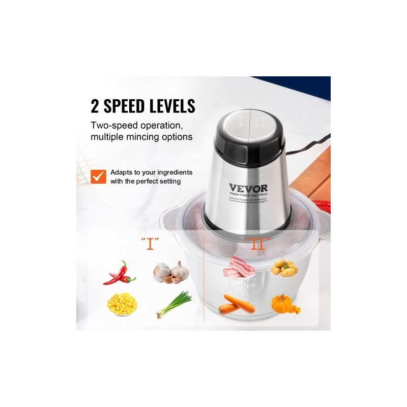 Sähkökäyttöinen monitoimihakkuri 2L ruostumattomasta teräksestä kulho 400W kaksinopeuksinen BPA-vapaa turvakytkin