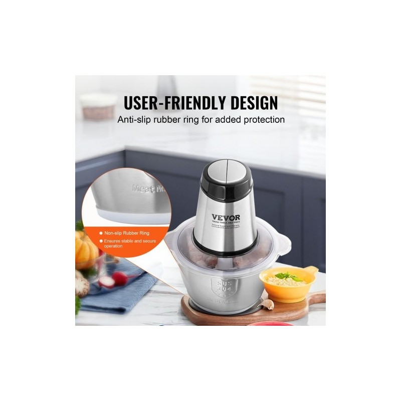 Sähkökäyttöinen monitoimihakkuri 2L ruostumattomasta teräksestä kulho 400W kaksinopeuksinen BPA-vapaa turvakytkin