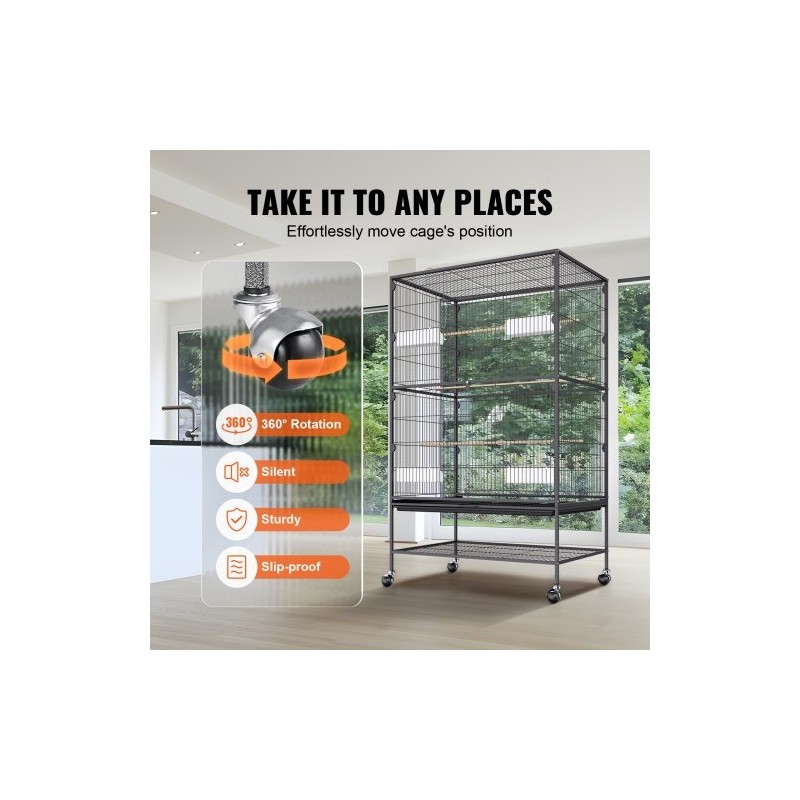 Hiiliteräksinen lintuhäkki 132 cm korkea 2–3 linnulle lukittavilla pyörillä