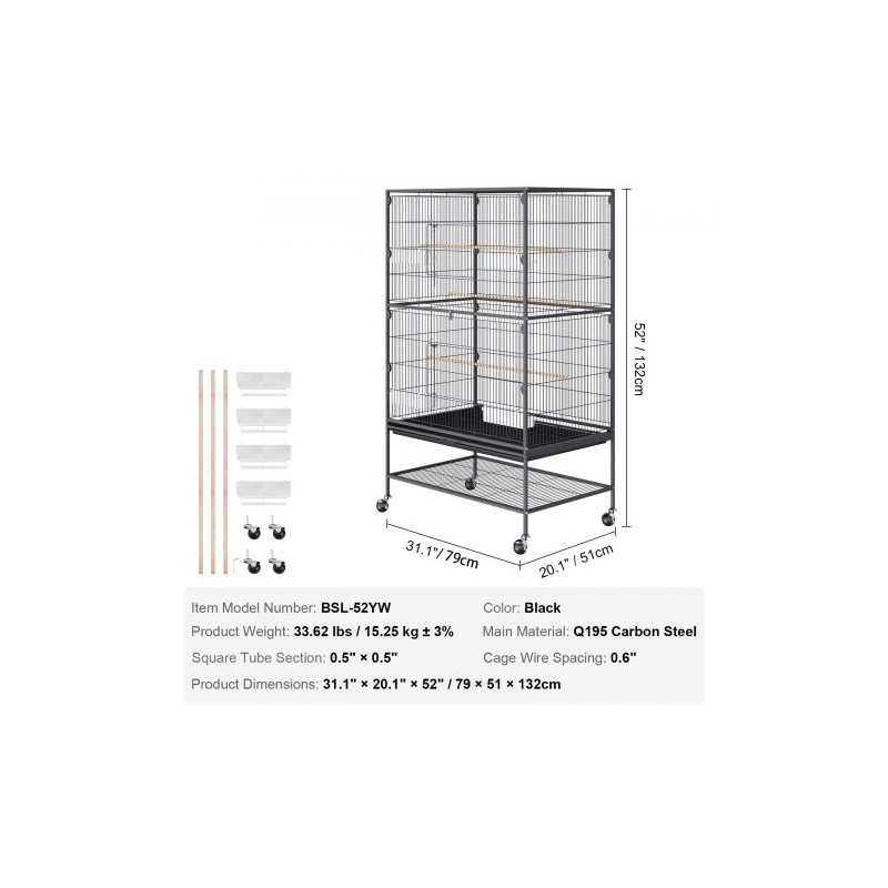 Hiiliteräksinen lintuhäkki 132 cm korkea 2–3 linnulle lukittavilla pyörillä