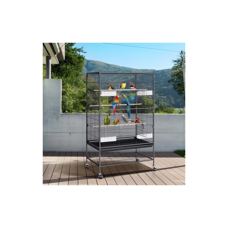 Hiiliteräksinen lintuhäkki 132 cm korkea 2–3 linnulle lukittavilla pyörillä