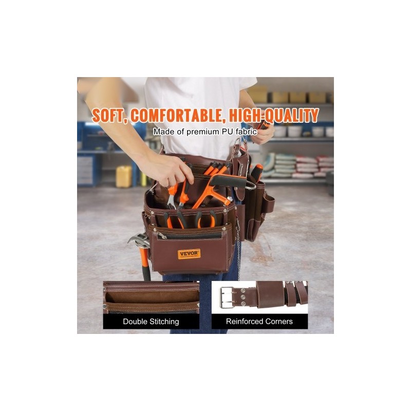 Työkaluvyö PU-materiaalinen 22 taskua irrotettavat taskut säädettävä vyötärönympärys 73–137 cm ruskea