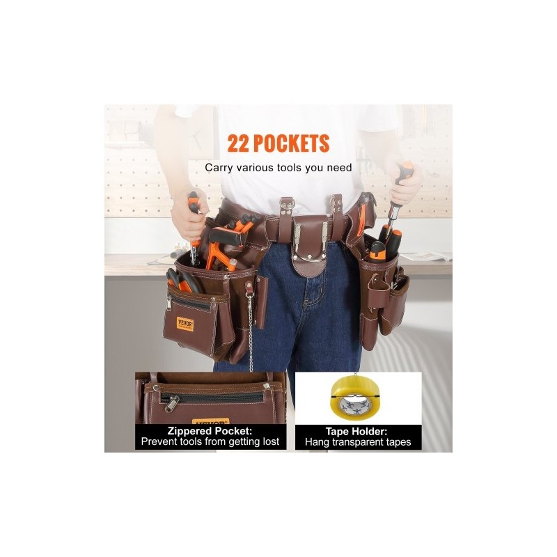 Työkaluvyö PU-materiaalinen 22 taskua irrotettavat taskut säädettävä vyötärönympärys 73–137 cm ruskea