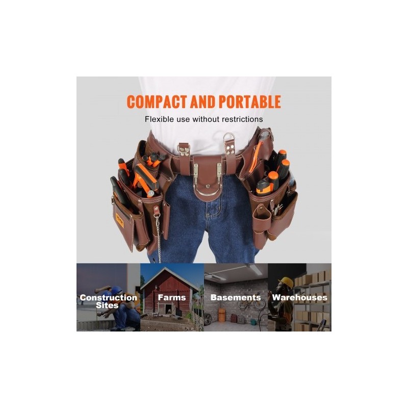 Työkaluvyö PU-materiaalinen 22 taskua irrotettavat taskut säädettävä vyötärönympärys 73–137 cm ruskea