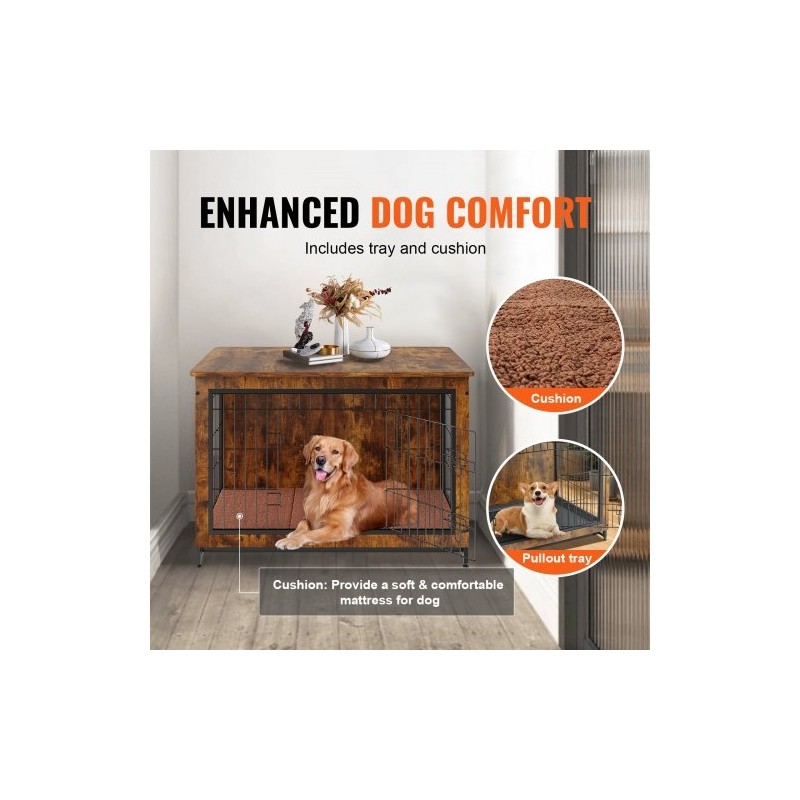 Koirankoppi P2-luokan lastulevystä sisäkäyttöön kahdella ovella irrotettavalla tarjottimella ruskea