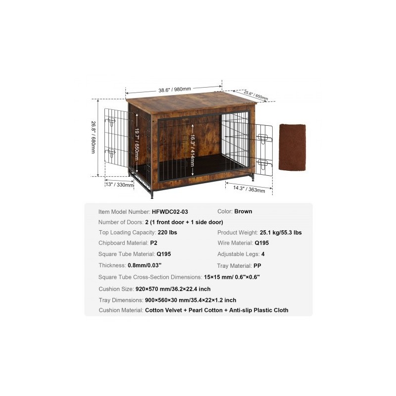 Koirankoppi P2-luokan lastulevystä sisäkäyttöön kahdella ovella irrotettavalla tarjottimella ruskea