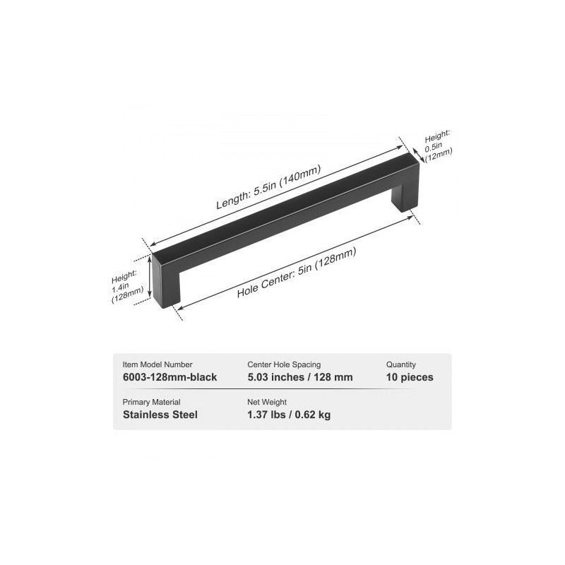 Kaapinvedin ruostumatonta terästä 128 mm reikaväli 10 kpl mattamusta ohut neliömäinen