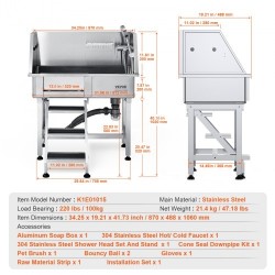 Koiran kylpyallas 304-ruostumattomasta teräksestä 864 mm sähkösäädettävä kantavuus 100 kg