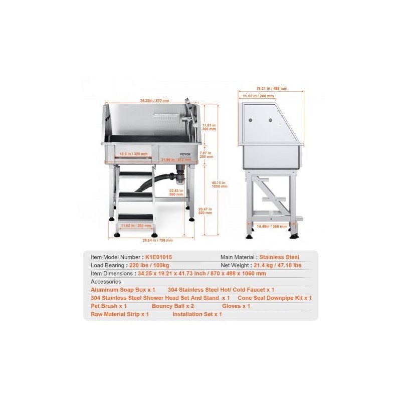 Koiran kylpyallas 304-ruostumattomasta teräksestä 864 mm sähkösäädettävä kantavuus 100 kg