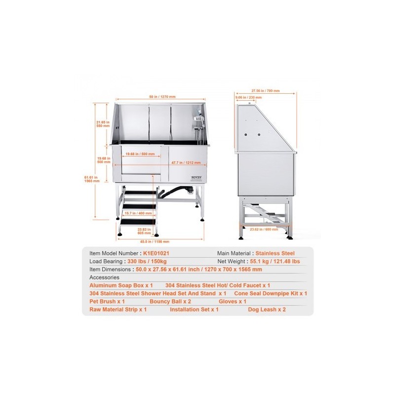 Koirankylpyallas sähköisesti säädettävä 304 ruostumaton teräs 1270 mm 150 kg vasen ovi