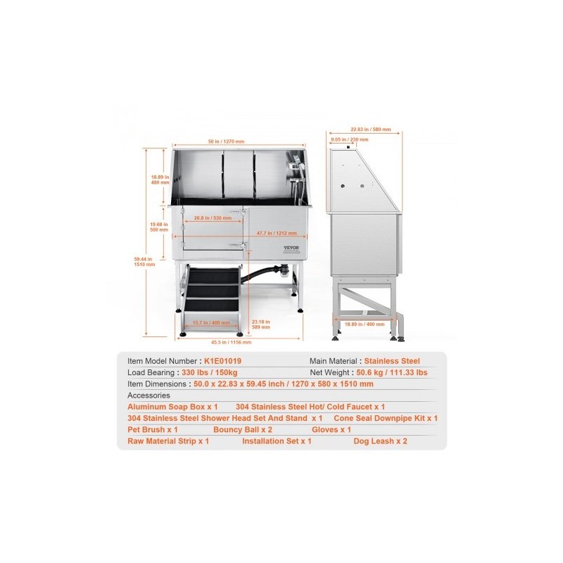 Ruostumattomasta teräksestä koirien pesuallas 1270 mm sähköisellä korkeudensäätöllä vasemmalla ovella ja luiska