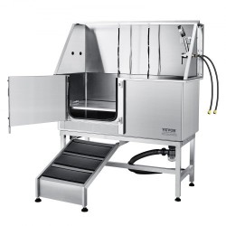 Ruostumattomasta teräksestä koirien pesuallas 1270 mm sähköisellä korkeudensäätöllä vasemmalla ovella ja luiska