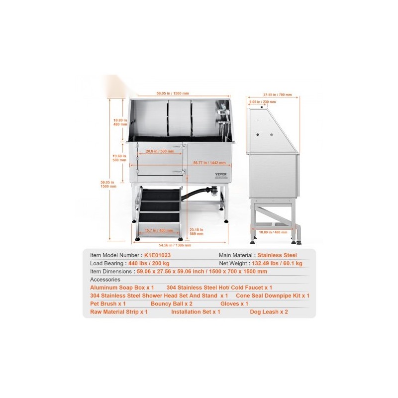 Lemmikkien kylpyallas ruostumattomasta teräksestä rampilla saippualokerolla hanalla ja lisävarusteilla