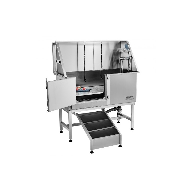 Lemmikkien kylpyallas ruostumattomasta teräksestä rampilla saippualokerolla hanalla ja lisävarusteilla