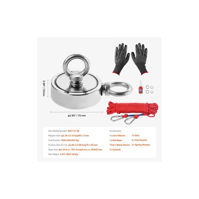 Magneettikalastuspakkaus N35-neodyymimagneetti 454 kg vetovoima kaksipuolinen sisältää köyden haavin käsineet ja silmukkapultin