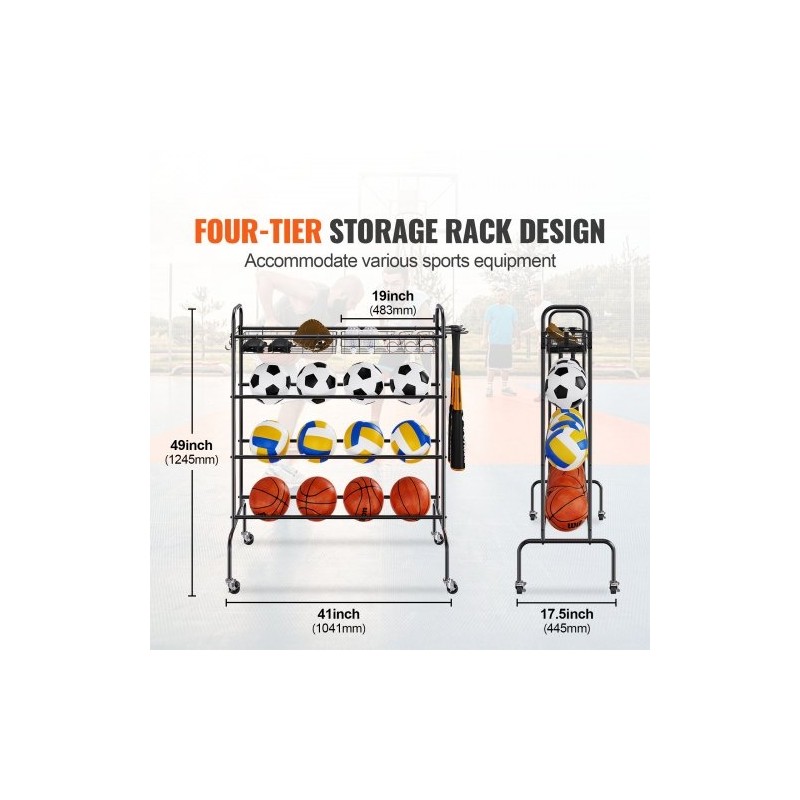 Pallo- ja urheiluvälineteline neljä tasoa hiiliteräs pyörillä irrotettavat korit