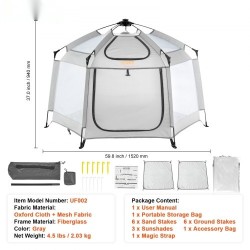 Leikkikehä lasikuiturunko 152 x 152 cm kevyt kokoontaitettava 3 aurinkosuojaa UPF50+
