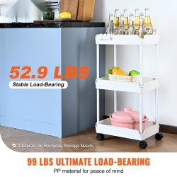 Kolmitasoinen rullattava säilytyskärry PP-muovinen valkoinen enimmäiskantavuus 45 kg lukittavat pyörät