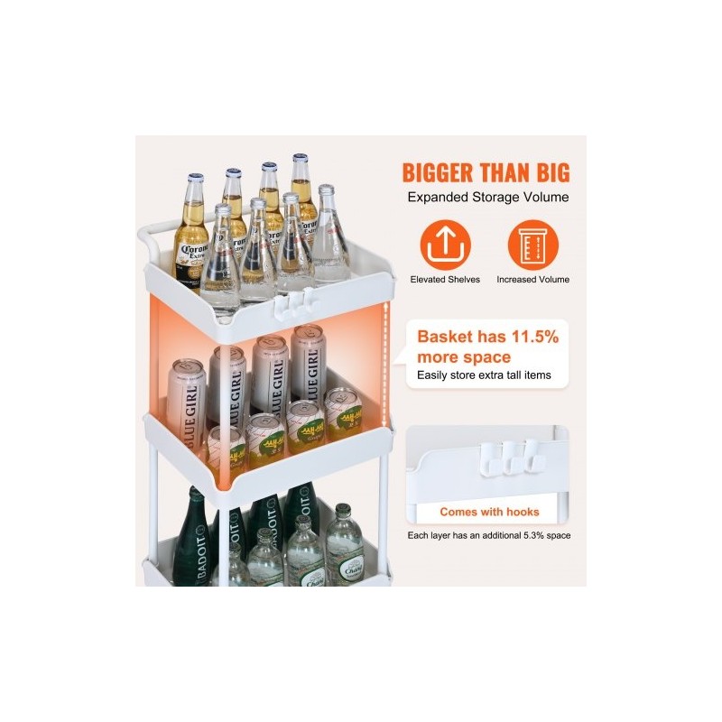 Kolmitasoinen rullattava säilytyskärry PP-muovinen valkoinen enimmäiskantavuus 45 kg lukittavat pyörät