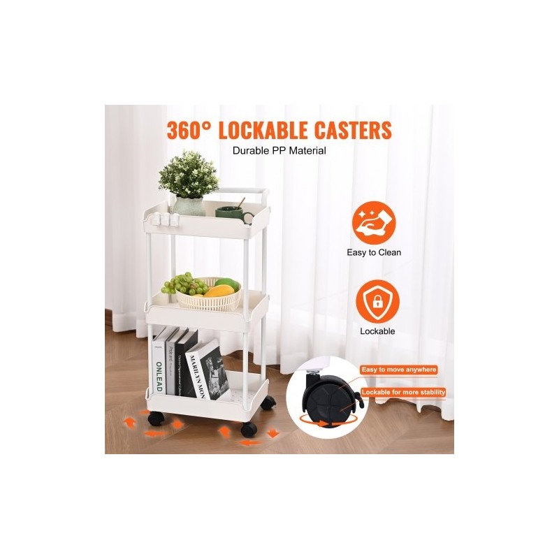 Kolmitasoinen rullattava säilytyskärry PP-muovinen valkoinen enimmäiskantavuus 45 kg lukittavat pyörät