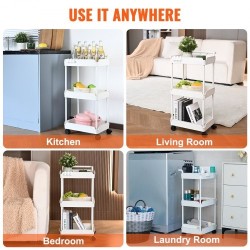 Kolmitasoinen rullattava säilytyskärry PP-muovinen valkoinen enimmäiskantavuus 45 kg lukittavat pyörät