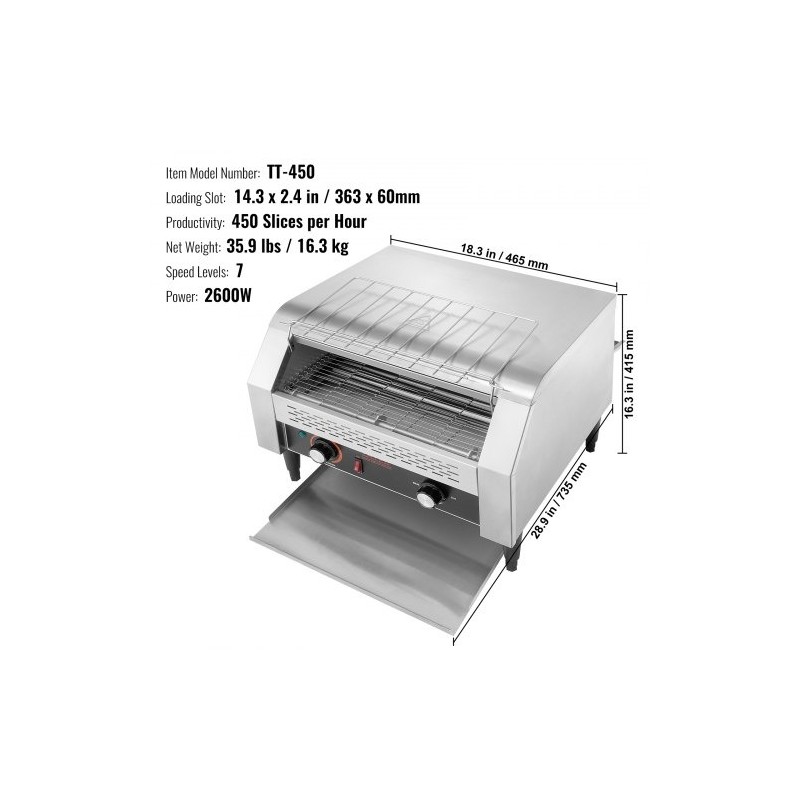 Kuljetinleivänpaahdin ruostumattomasta teräksestä yli 450 viipaletta tunnissa ammattikeittiöön