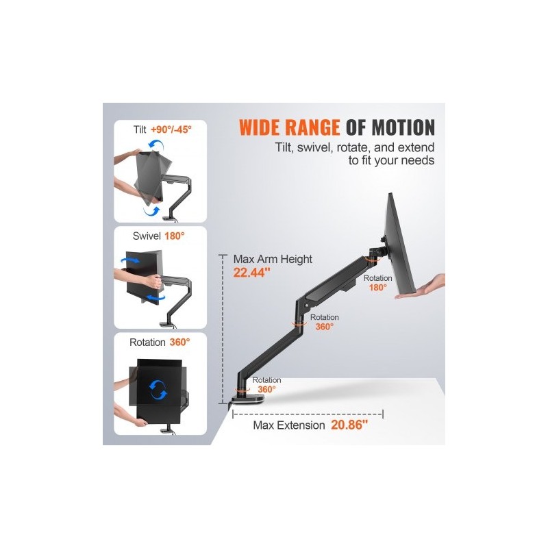 Näyttövarsi alumiiniseos 13–35 tuuman näytöille kaasujousella 12 kg kantavuus C-puristin tai läpivientikiinnitys