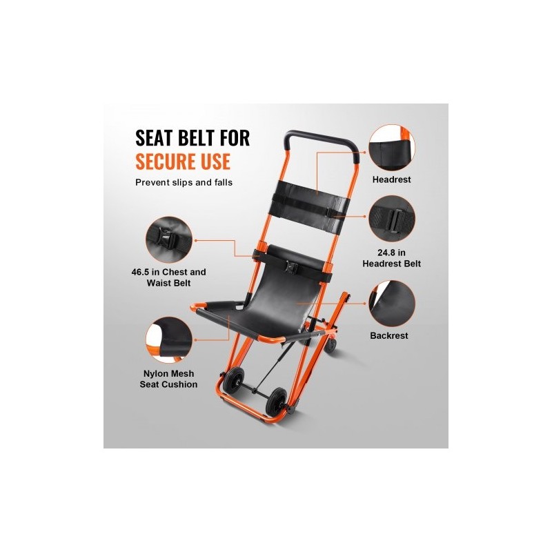 Manuaalinen porrastuoli alumiiniseosrungolla kokoontaitettava 159 kg kantavuus neljällä pyörällä evakuointiin ja siirtoihin