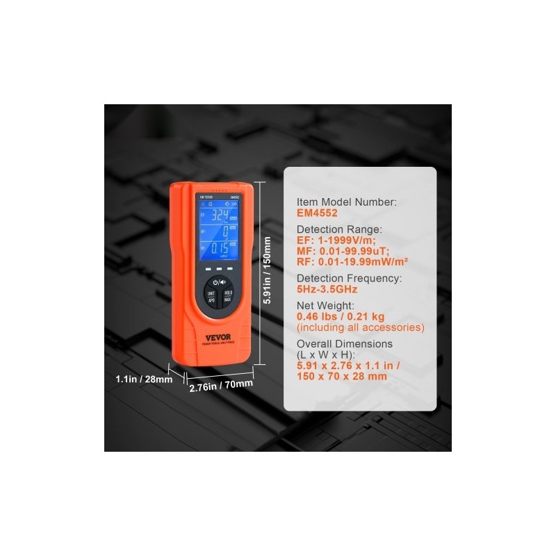 Kolmitoiminen EMF-mittari EF MF RF 5Hz–3.5GHz ladattava LCD-näytöllä