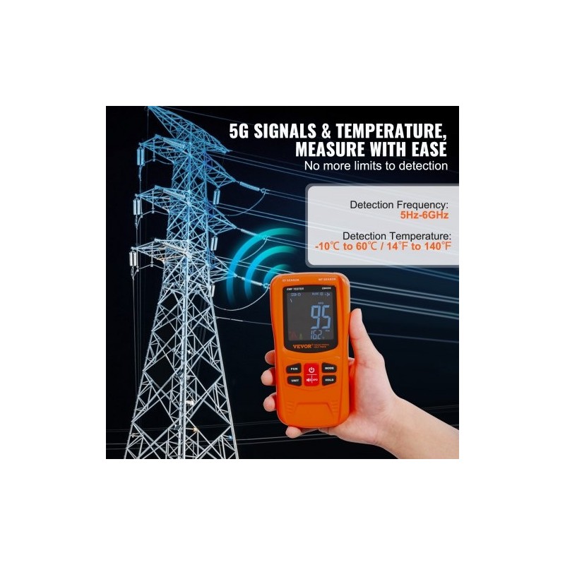 Kolmitoiminen sähkömagneettikenttämittari EF-, MF- ja RF-mittauksiin 5Hz–6GHz ladattava käsikäyttöinen