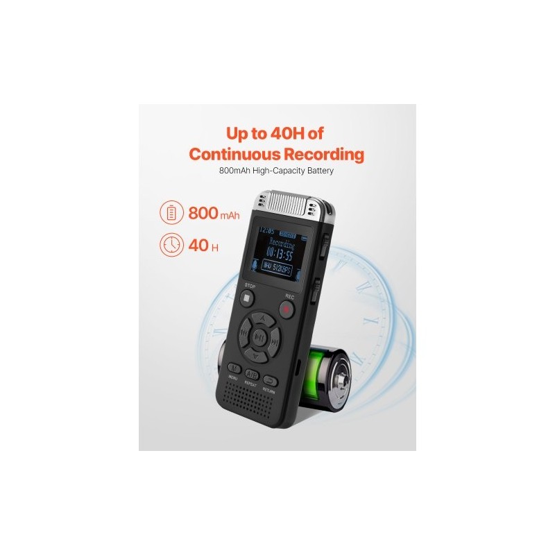 Digitaalinen ääninauhuri 128GB sisäinen muisti 1,4-tuumainen näyttö 800mAh-akku ääniaktivointi