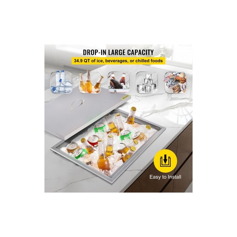 Upotettava jääastia 304-ruostumattomasta teräksestä kaksoisseinäeristys 33 l kansi ja poistoventtiili