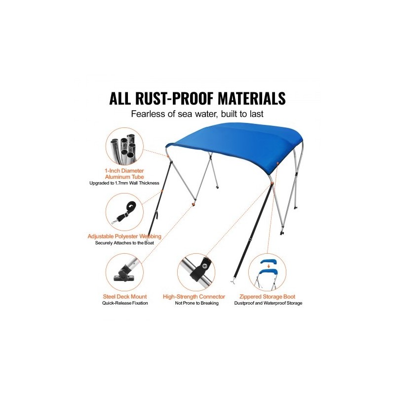 Bimini-veneaurinkokatos kolmen kaaren 900D polyesterikangas alumiiniseosrunko 1550–1670 mm