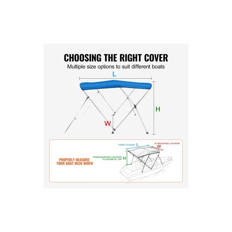 Bimini-veneaurinkokatos kolmen kaaren 900D polyesterikangas alumiiniseosrunko 1550–1670 mm