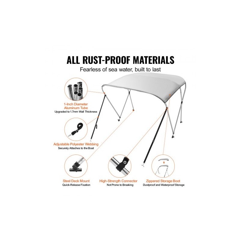 Bimini-kate 3-kaareinen veneille 900D polyesterikangas alumiiniseos 155–167 cm