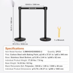 Jonotolpat hiiliterästä 2 kpl betonilla täytetyillä jalustoilla sisäänkelautuvalla 3,3 m hihnalla