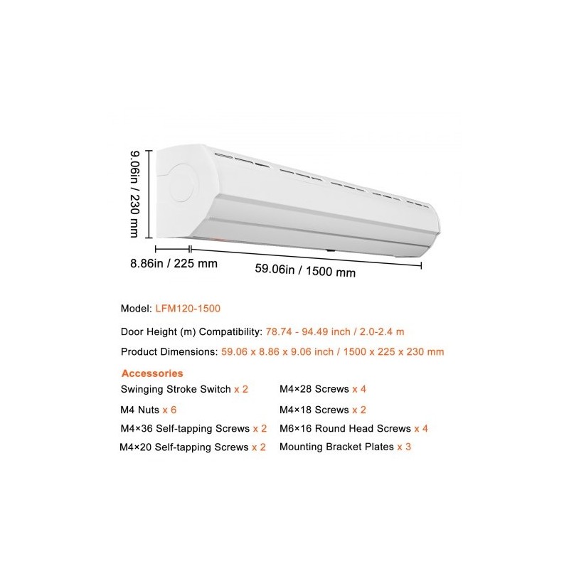 Ilmasuoja 1,5 m sisäkäyttöön seinälle asennettava ilman lämmitystä 2 nopeutta 2547 m³/h