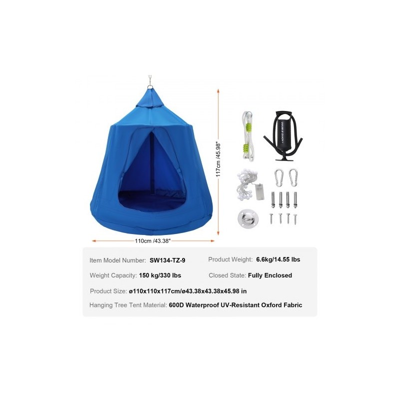 Riippuva telttakeinu 600D Oxford-kangas ø110x117 cm sininen kantavuus 150 kg