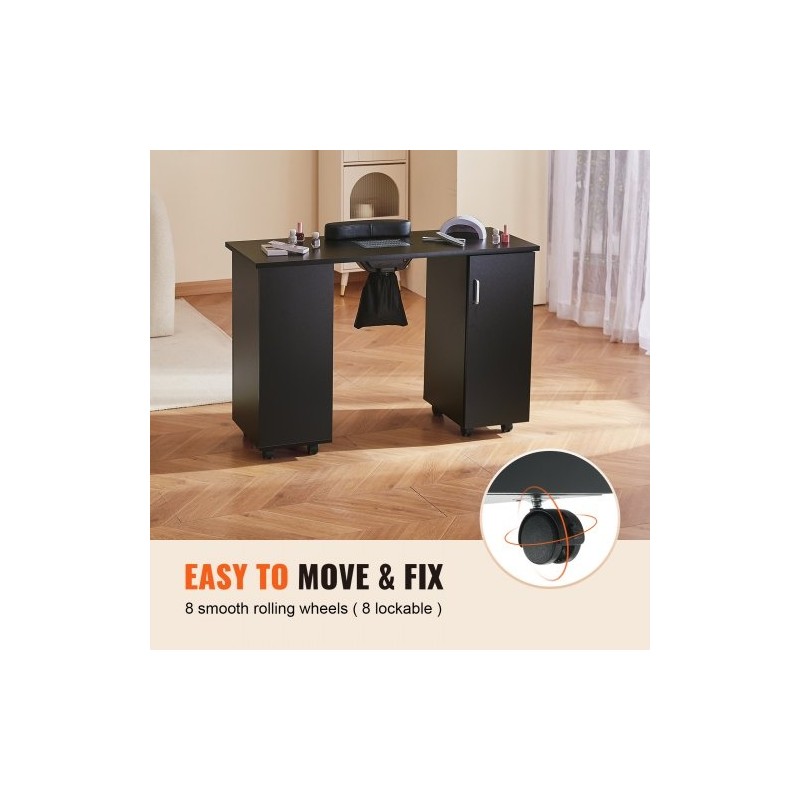 Manikyyripöytä MDF musta 1200x450x805 mm sähköisellä pölynkerääjällä 8 pyörää joista 4 lukittavaa