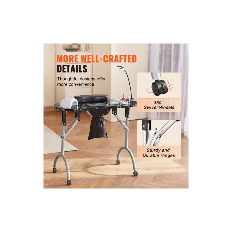 Kokoontaitettava MDF manikyyripöytä sähköisellä pölynkerääjällä ja taipuisalla LED valolla