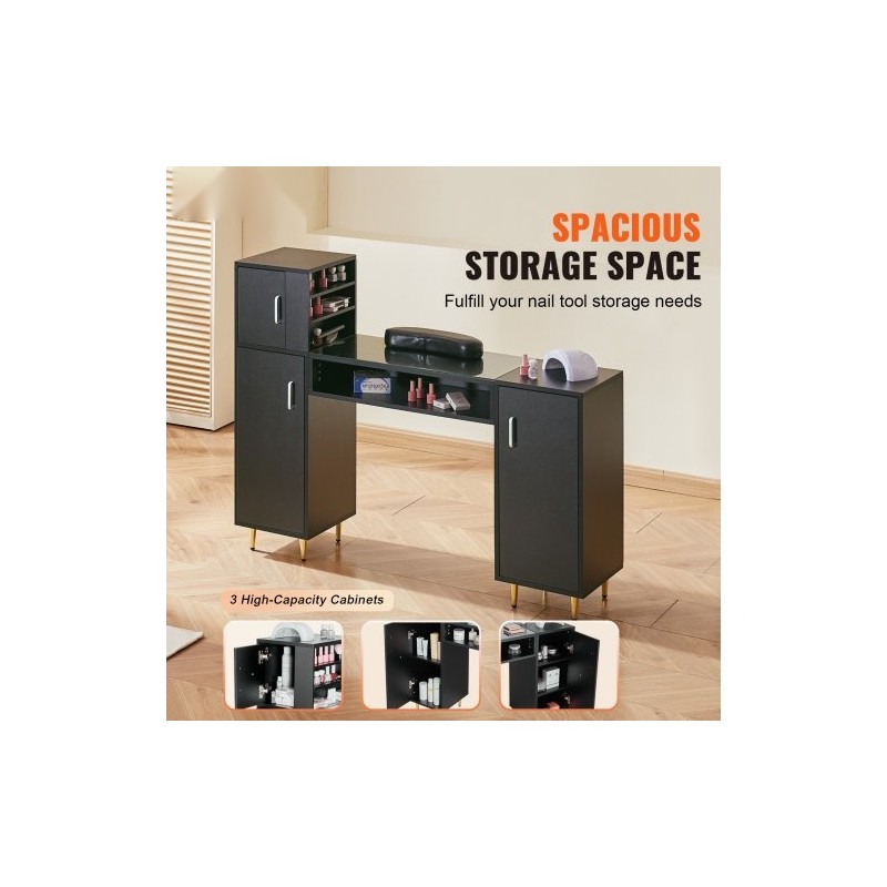 Manikyyri ja meikkipöytä asetonia kestävä lasitaso kolme kaappia kahdeksan metallijalkaa rannetuki musta