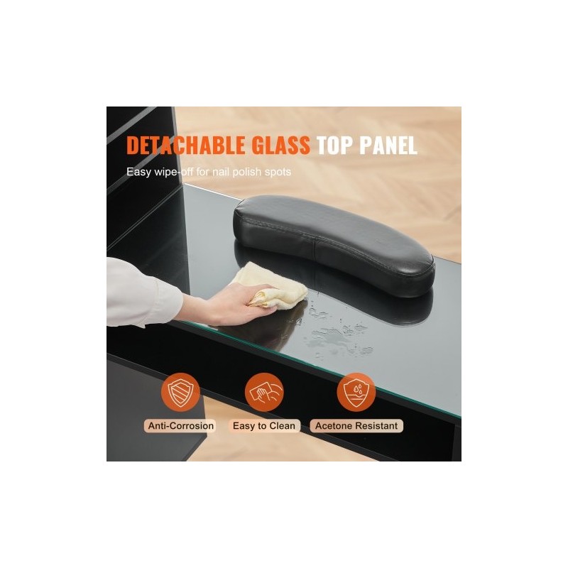 Manikyyri ja meikkipöytä asetonia kestävä lasitaso kolme kaappia kahdeksan metallijalkaa rannetuki musta