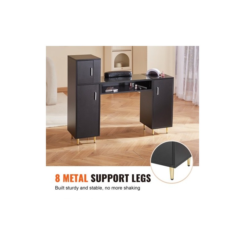 Manikyyri ja meikkipöytä asetonia kestävä lasitaso kolme kaappia kahdeksan metallijalkaa rannetuki musta