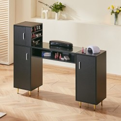 Manikyyri ja meikkipöytä asetonia kestävä lasitaso kolme kaappia kahdeksan metallijalkaa rannetuki musta