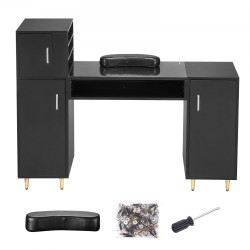 Manikyyri ja meikkipöytä asetonia kestävä lasitaso kolme kaappia kahdeksan metallijalkaa rannetuki musta